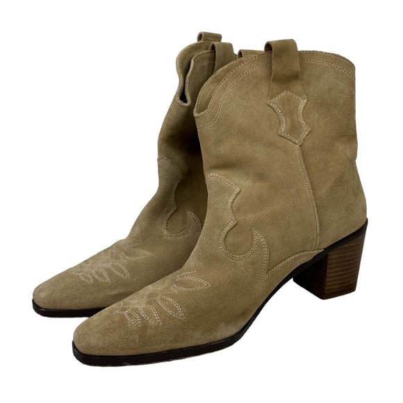 Zara Split Suede Embroidered Heel Cowboy Boot Tan 10 - Picture 1 of 16